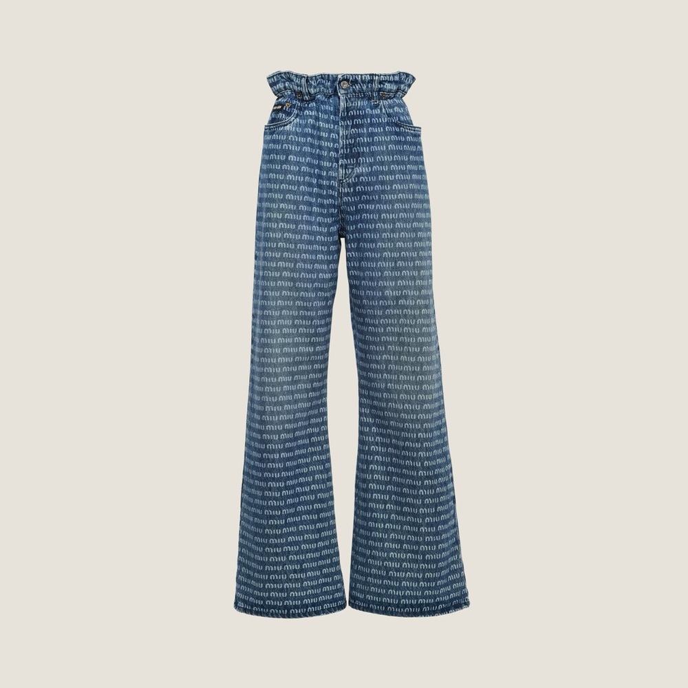 Miu Miu Blue Logo Print Wide-Leg Pants